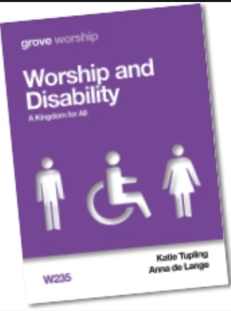 The front cover of 'Worship and Disability' - a purple booklet with white figures on the front, including the wheelchair symbol.