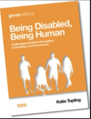 The front cover of the Grove book 'Being Disabled, Being Human' by Katie Tupling - an orange booklet with white figures on the cover.