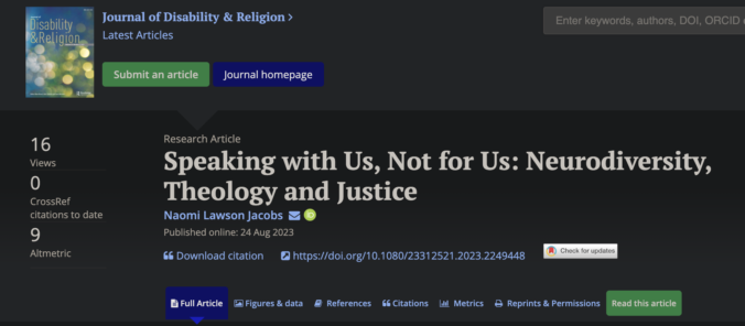 A screenshot of the Journal of Disability & Religion, showing Naomi's article 'Speaking with Us, Not for Us: Neurodiversity, Theology and Justice'