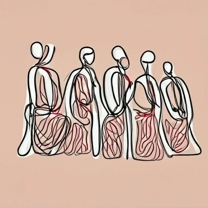 A line drawing of five people. Their bodies are drawn using complex shapes